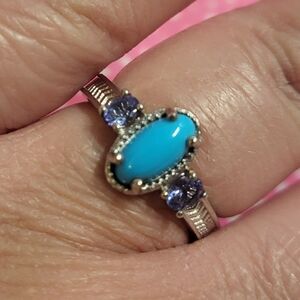 Sleeping Beauty Turquoise and Tanzanite Platinum Over Sterling Silver Ring